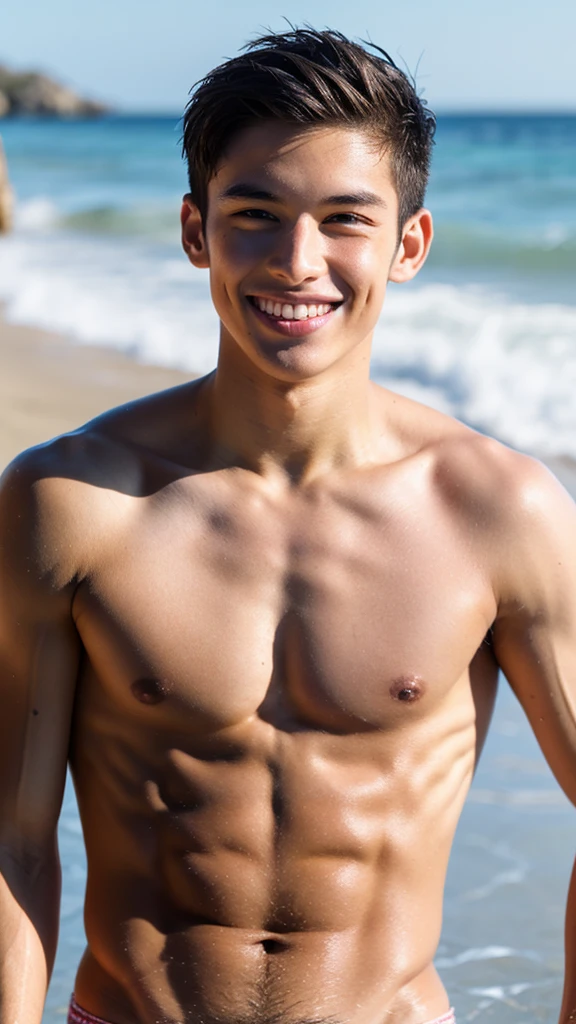 male Age 23 swimwear lifeguard topless smile