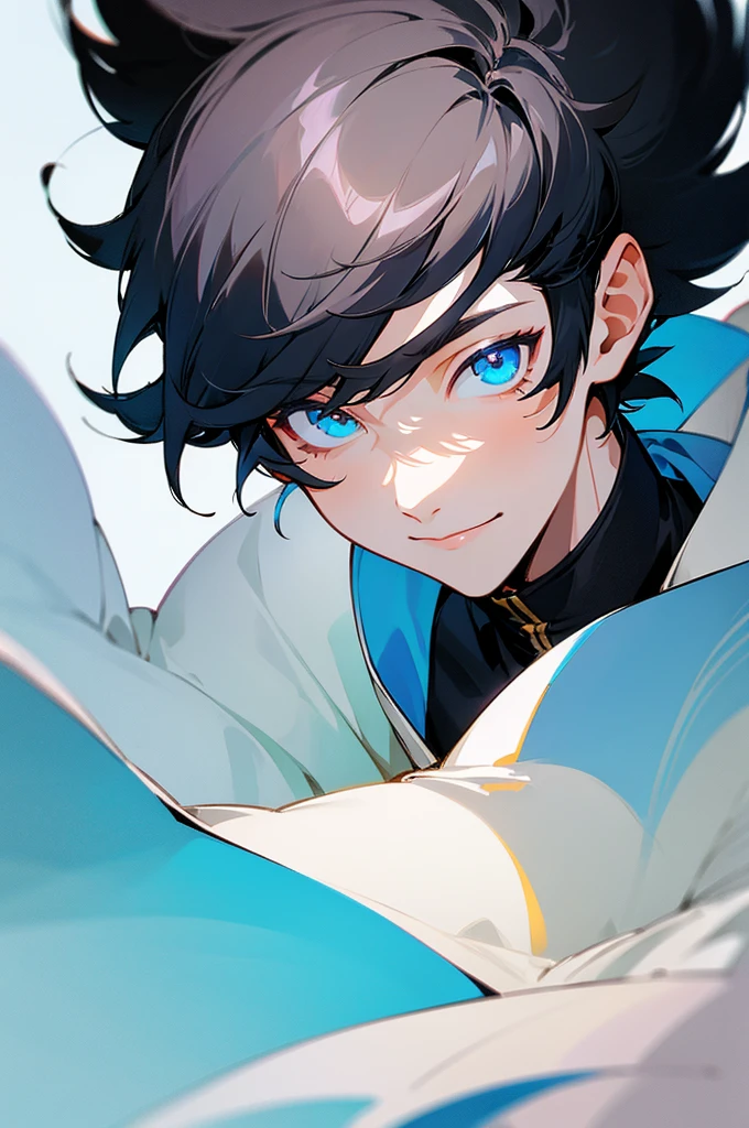 1 A boy dressed in white，male people，Cheerful and lively，Welcoming and lovely，Charming, Handsome，fashion hair，short detailed hair，Playful expression，Side face avatar，Black color hair，vivid background，
