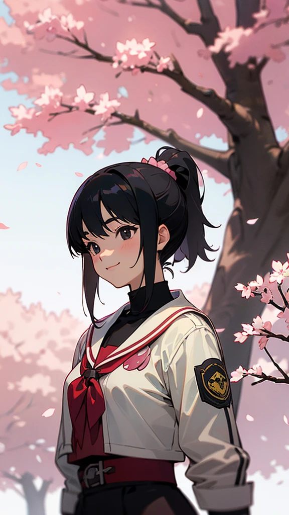 (highest quality、Extra fine、real)、Genki Girl、anime high school girl、small breasts、riders jacket、black hair、ponytail、black eyes、From the side、gloves、bright smile、stand in front of a cherry tree、upper body close-up、cherry blossom park、sharp outline