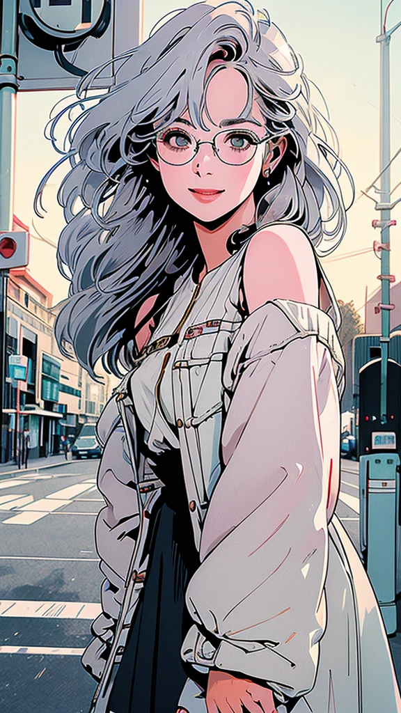 whole body, Upper Body、One beautiful woman, 4k, Shoulders stick out、pedestrian crossing、Signal 、intersection、Complex background、Silver Hair、One Length、Detailed Hair、smile、Glasses