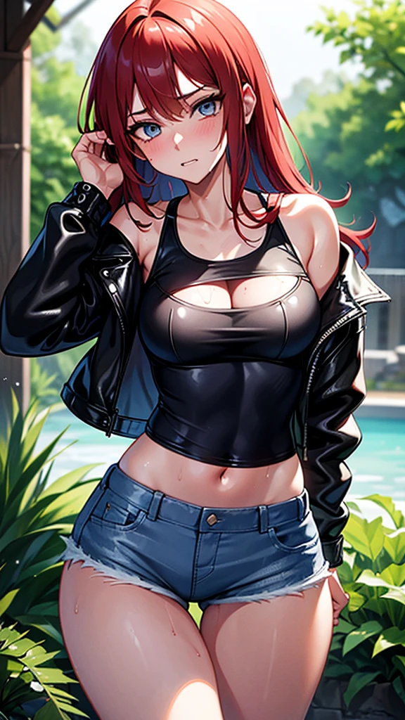 Beautiful and sexy 18 year old girl, long hair redhead, blue-eyed, black leather jacket, short white shirt, short denim shorts, wet sexy, soaked, with water, wet, she is embarrassed, embarrassed expression, sexy hot, embarrassed expression, Awkward situation, ropa soaked, breasts on shirt, ropa wet, wet hair, WET BODY, cara wet