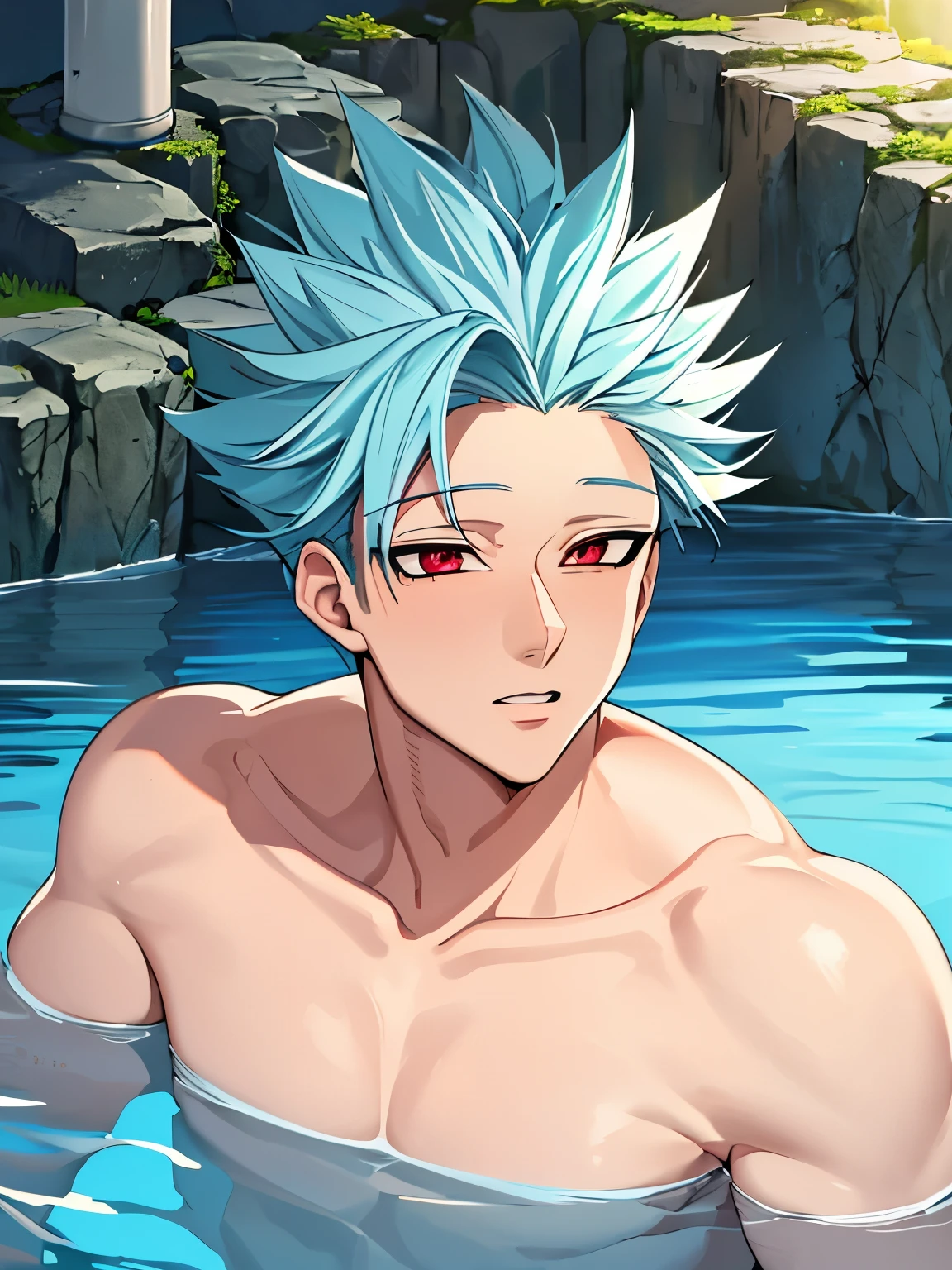 masterpiece, best quality, 1boy, solo, male focus,Swimming in the pool, lie down,underwater, swimwear, ban_nanatsu_no_taizai,blue hair,red eyes ,handsome,muscular, ultra detail,ultra Hd