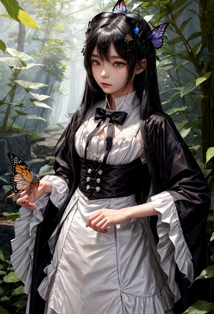 a girl (12-year old), with a butterfly in her hand and a butterfly in her hand, by Jin Homura, inspired by Munakata Shikō, inspired by Jin Homura, delicate torn androgynous prince, hijikata toushirou, black - haired mage, a maid in a magical forest, anime moe artstyle, madoka kaname