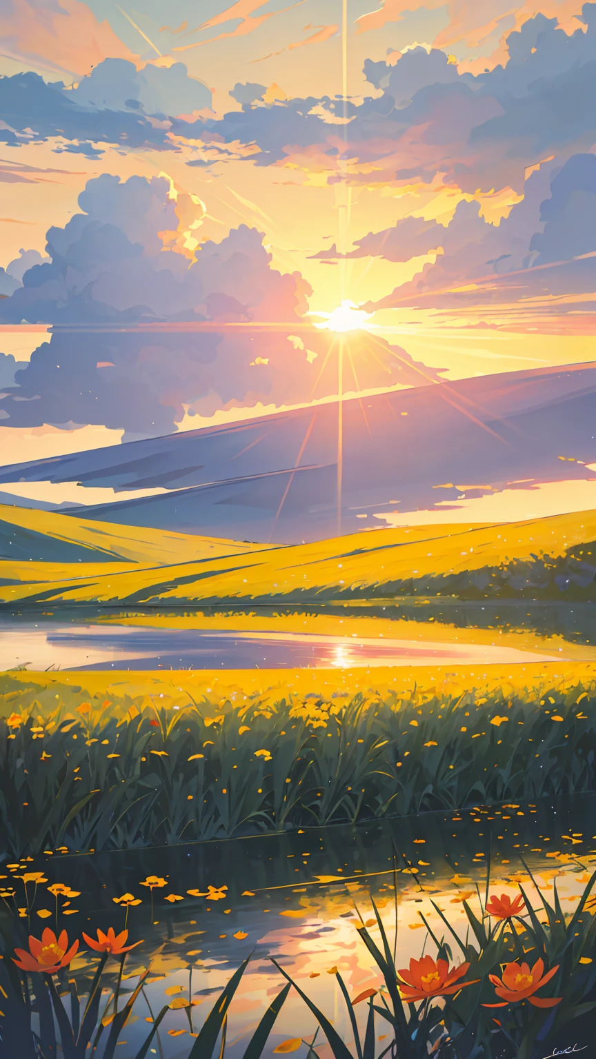 Sunset, lake, Flower Field, 
grassland, Dazzling sun, Blue sky, Star, Big Cloud, 4K, amazing, sharp, Intricate details, (high resolution: 1.5), saturation, Aquatic plant flowers, More land, less water, Tall Grass, Detailed plants and trees