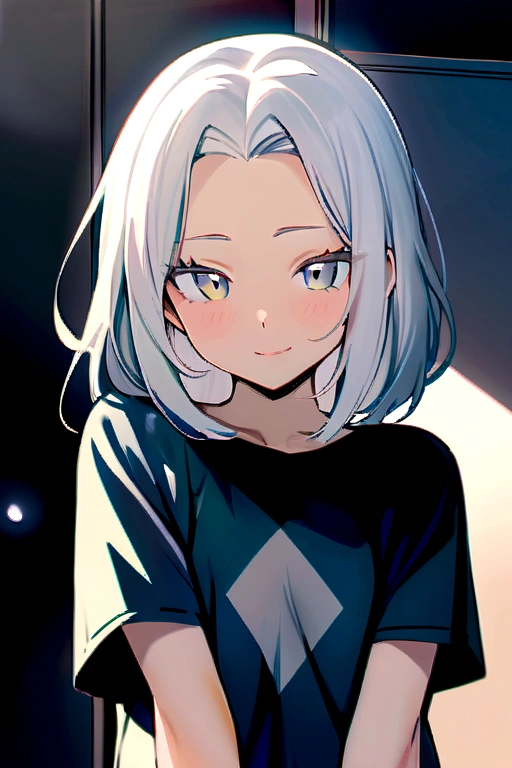 One girl, whitish eyes,center parted hair、forehead,sholder length hair、medium hair、white hair、T-Shirts,(crop top navel:0.8)、gentle smile、Very sexy、upper body,from front,