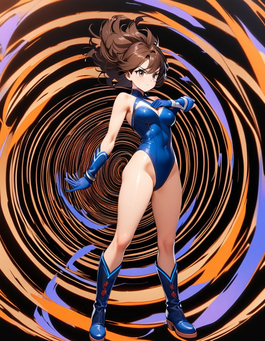(((full body photo))) 1girl, solo, solo focus, a female superhero spins in place like a tornado, cyclone spinning, medium breasts, standing straight, leotard, red and blue leotard, bare legs, boots, matching boots, gloves, matching gloves, brown hair, spiral lines, full body