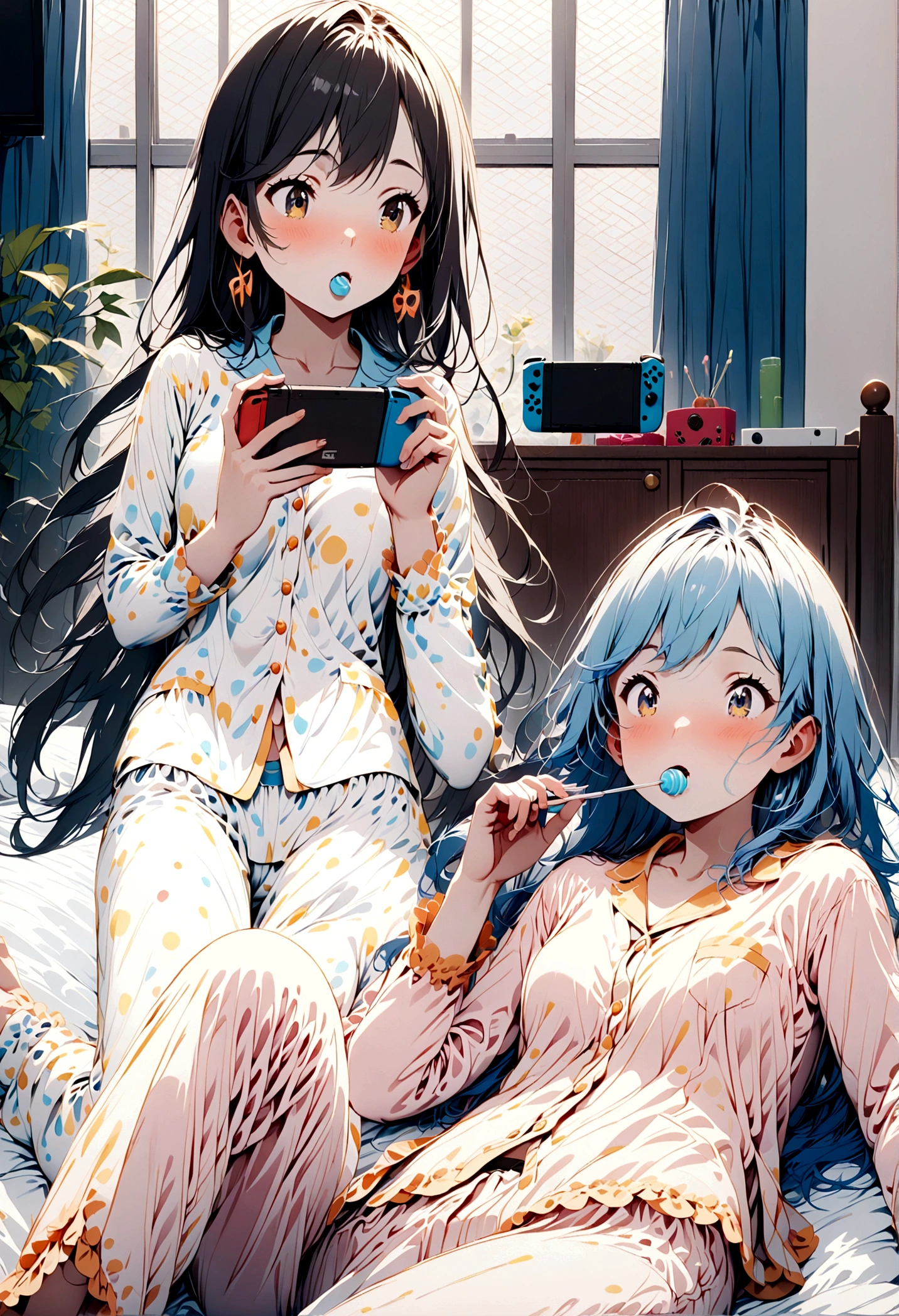 3 gamer girls , 3ds , lollipop in the mouth , Brown hair , pajamas , lying on her bed , long hair , short black hair , long blue hair , playing 3 with a nintendo switch , TV
