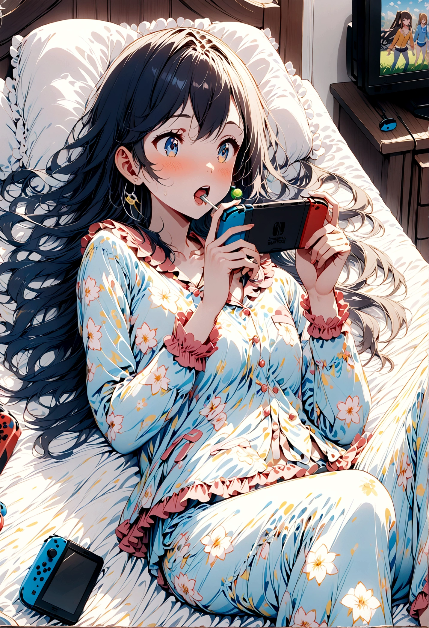  3 gamer girls , 3ds , lollipop in the mouth , Brown hair , pajamas , lying on her bed , long hair , short black hair , long blue hair , playing 3 with a nintendo switch , TV 