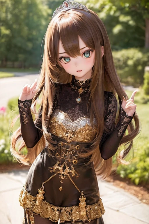 (SFW:2), photorealistic, realistic photo, 8k, ((highest quality)), ((masterpiece)), (extremely detailed), kukolnydom, doll, (woman, 19yo, 19 years old:1.6), solo, ((cowboy shot, standing, slim, slender, skinny, medium breasts, princess dress, tiara, castle)), (green eyes, brown hair, long hair, plastic skin, looking at another, glass eyes, gradient eyes, shining eyes, detailed eyes:1.3)