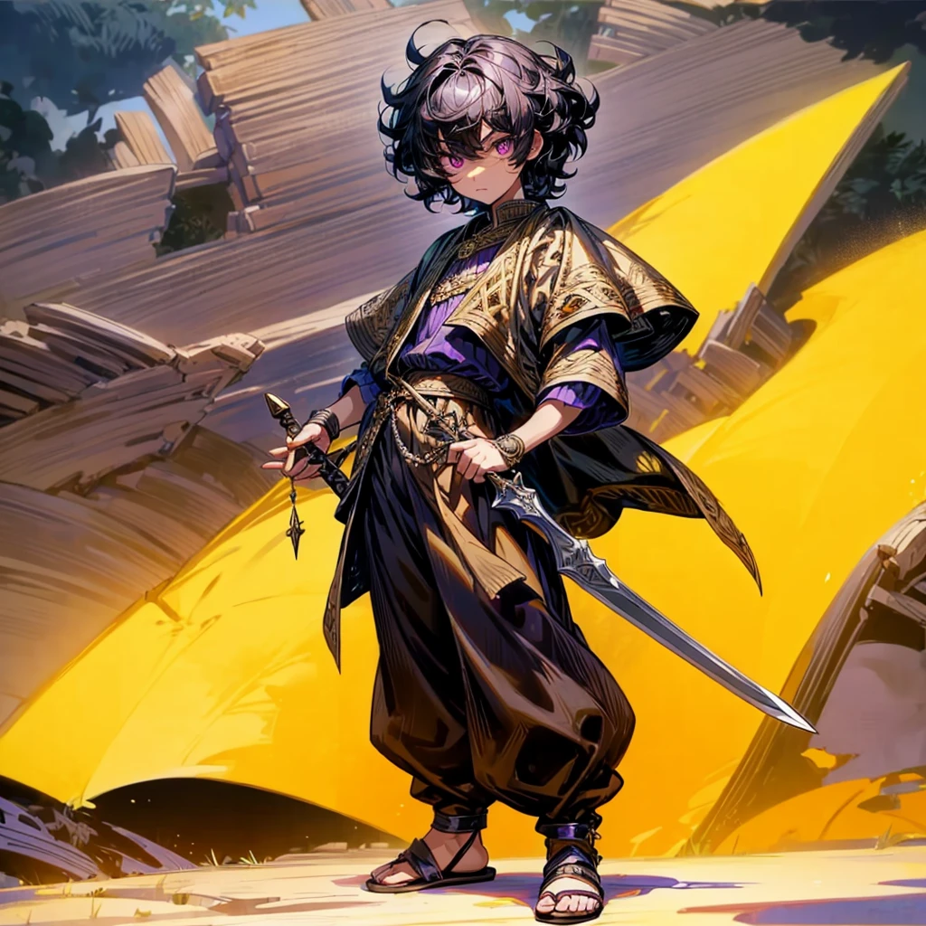 1little boy, Full body version, 1character, purple eyes, black skin, short Curly hair, round eyes type, black colour hair, Renaissance clothing, yellow color clothing, Renaissance sandals, two dagger knife silver in hand, wood armor vest, Grassroots background in mountains