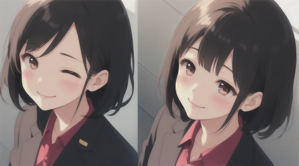 smile、Looking up、blush、Sigh、female、Black suit、Black Hair、older sister
