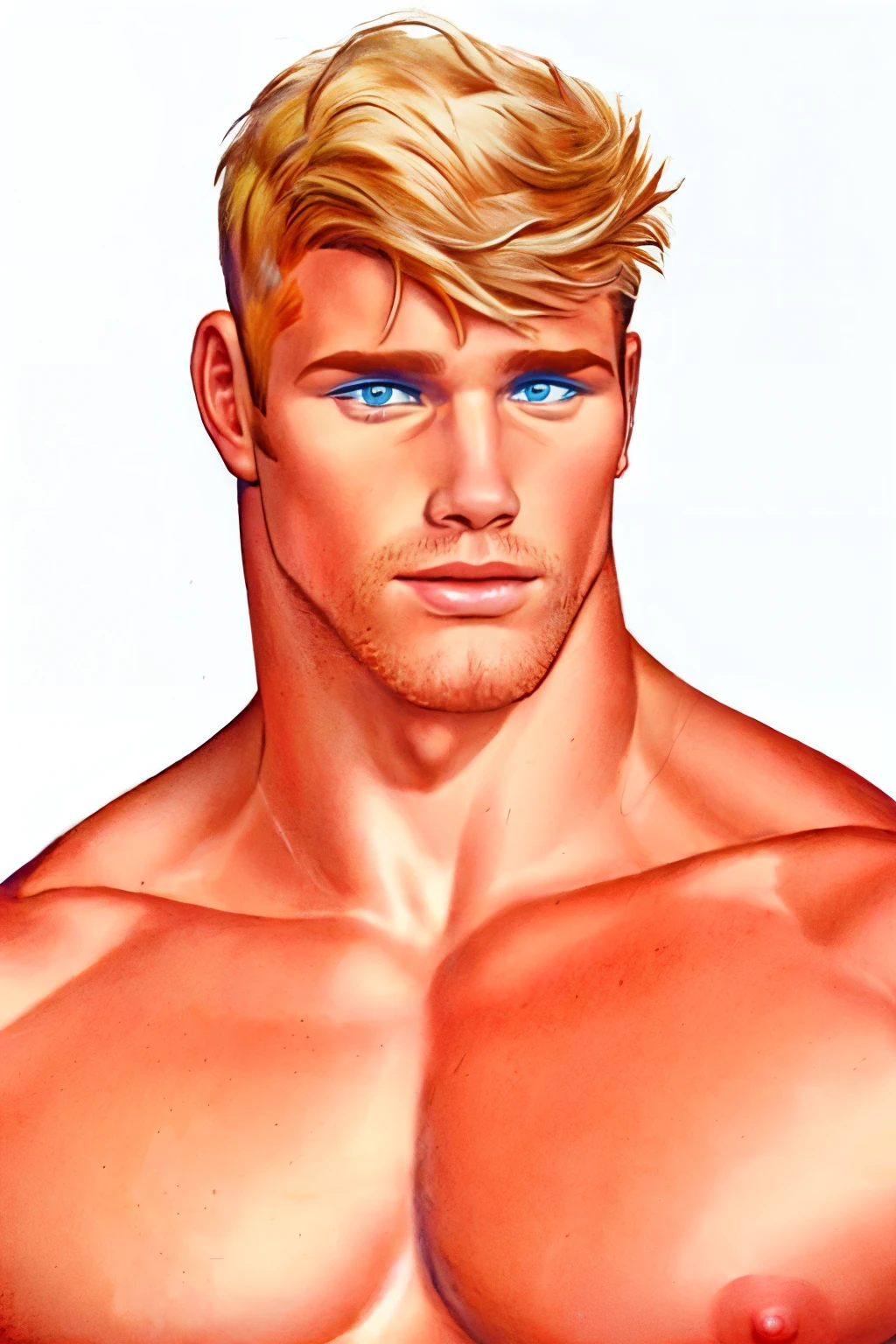 t0f, colored pencil drawing of a white man, muscular male, hair
