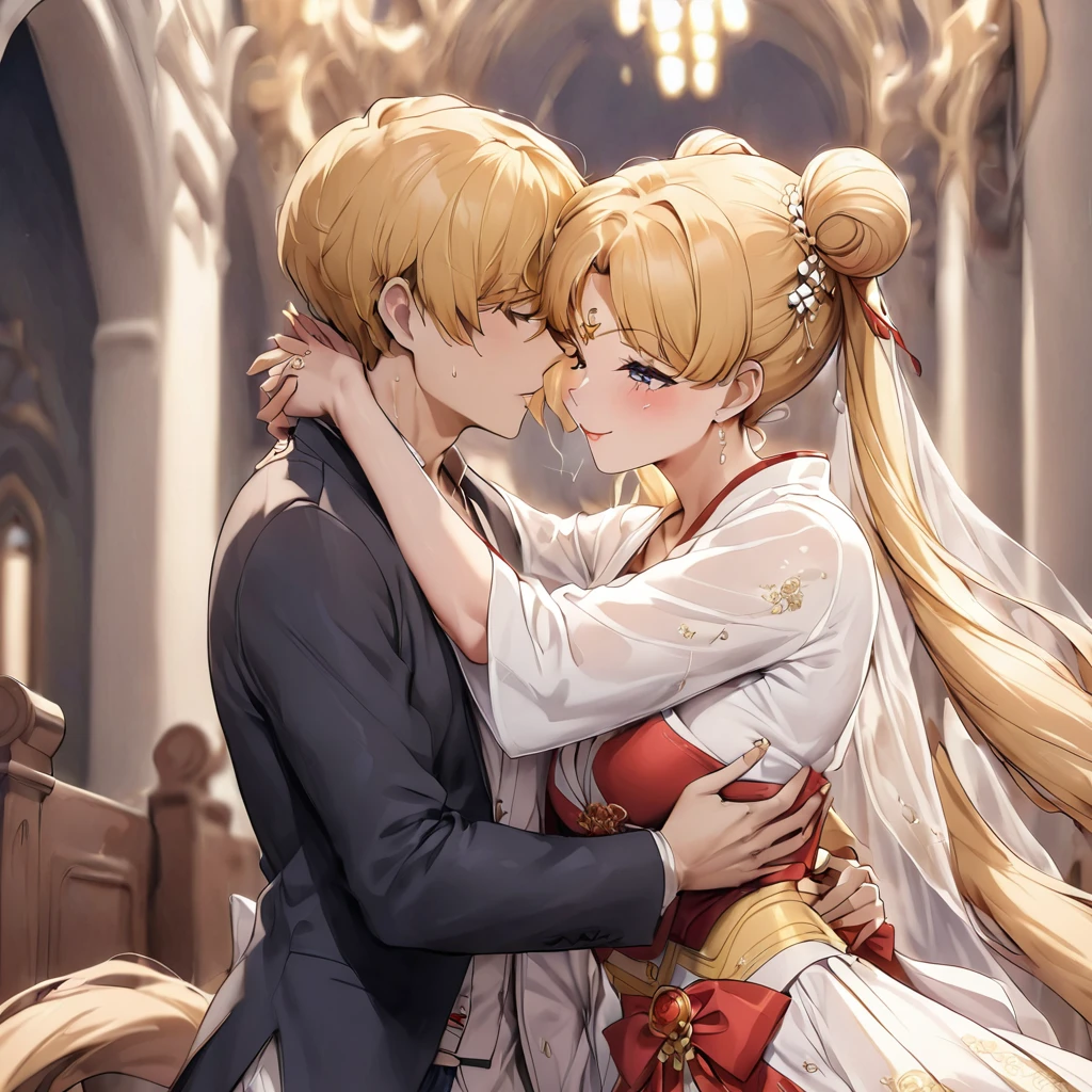 ((Highest quality)), ((masterpiece)), (detailed), (Perfect Face)、The woman is wearing a red wedding dress made of gold embroidered Hanfu fabric in a luxurious Chinese church. She is embracing a Chinese man in Hanfu, kissing him in vows, and getting married. The man and woman are both wearing engagement rings.、The woman has a gorgeous hairstyle and wears gorgeous jewellery.、The woman is the elegant Tsukino Usagi, with long blonde hair in a chignon twin tail.、A man is dressed in a Hanfu groom costume and is having a wedding with a woman