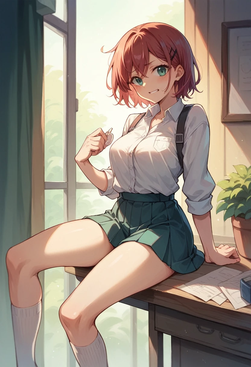 Natsu Ayuhara's short hair,closed eyes and screams,1 girl, (standing alone),(my legs), (legs spread open), (work of art:1.2),red jacket, (without buruma short red high leg),((cameltoue)),((addressed_niplles)), shoot from below,bandages, knee pads, tennis,quadra de volei,
