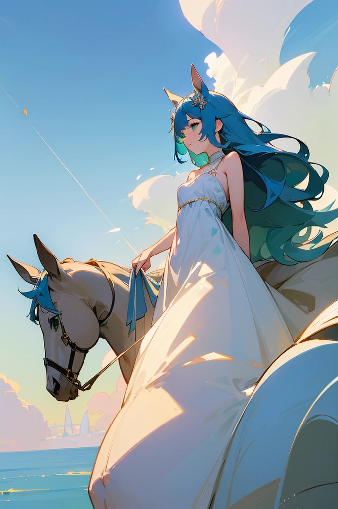 ((Masterpiece, Best Quality)),(illustration),(detailedlight),((extremely delicate and beautiful)),1 girl,GodolphinArabian,long Hair,blue Hair,green eyes,horse ears,horse,Hair_ornament,White dress, bare shoulders, ,sleeveless,Night dress,long dress,outdoor, light,blue sky, horizon, prado, wild