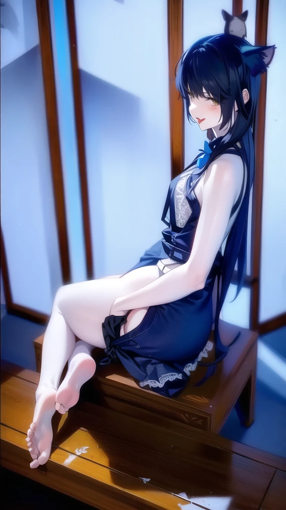 Best Quality, Ultra High Resolution, (Photorealistic: 1.4), Beautiful Eyes, Super Beautiful, Very Long Hair, Beautiful, Sweetheart, Beautiful Soldier, Eyes That Invite Viewer, Lover's Perspective, Inviting Expression, Sexy Smile, Perfect Style, Perfect Balance, Detailed Skin, Naughty Gaze, ((Naked)), platinum blue hair, red eyes, (high heels), (stockings), gold ornamental necklace, ((tiny breasts, slender, petite)), ((1 girl))