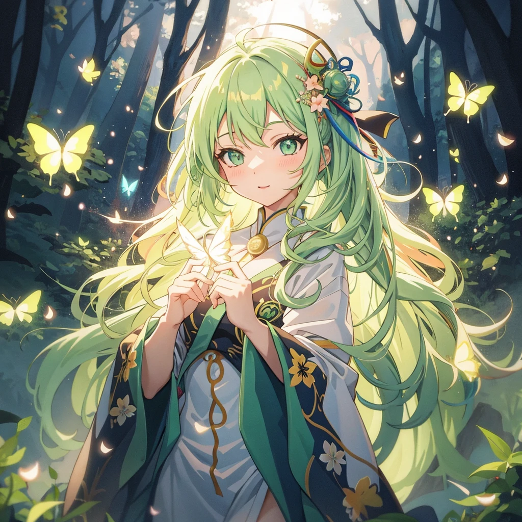 anime girl, green hair, flowing robes, glowing butterflies, mythical forest, neon lighting, sexy, 凄い嬉しそう