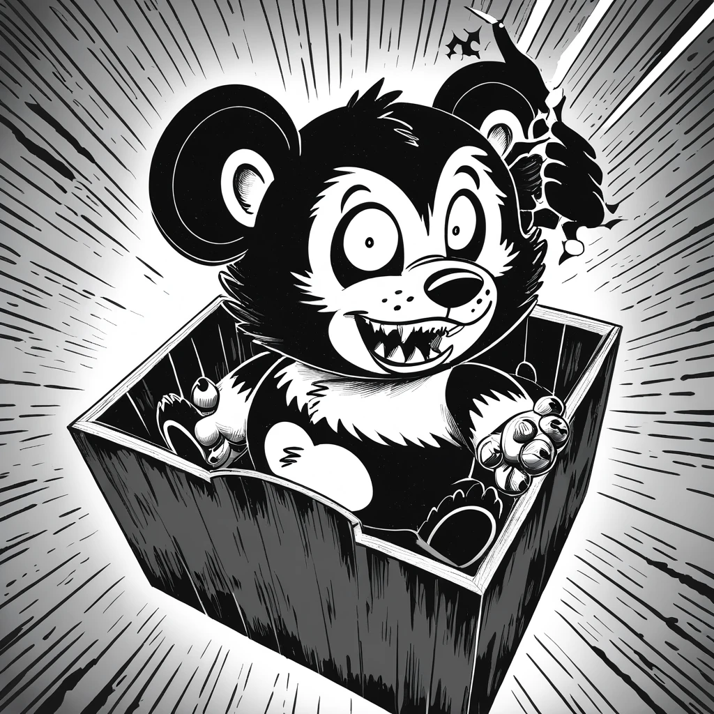 Scary Teddybear in a Box in b&w vintage cartoon art style