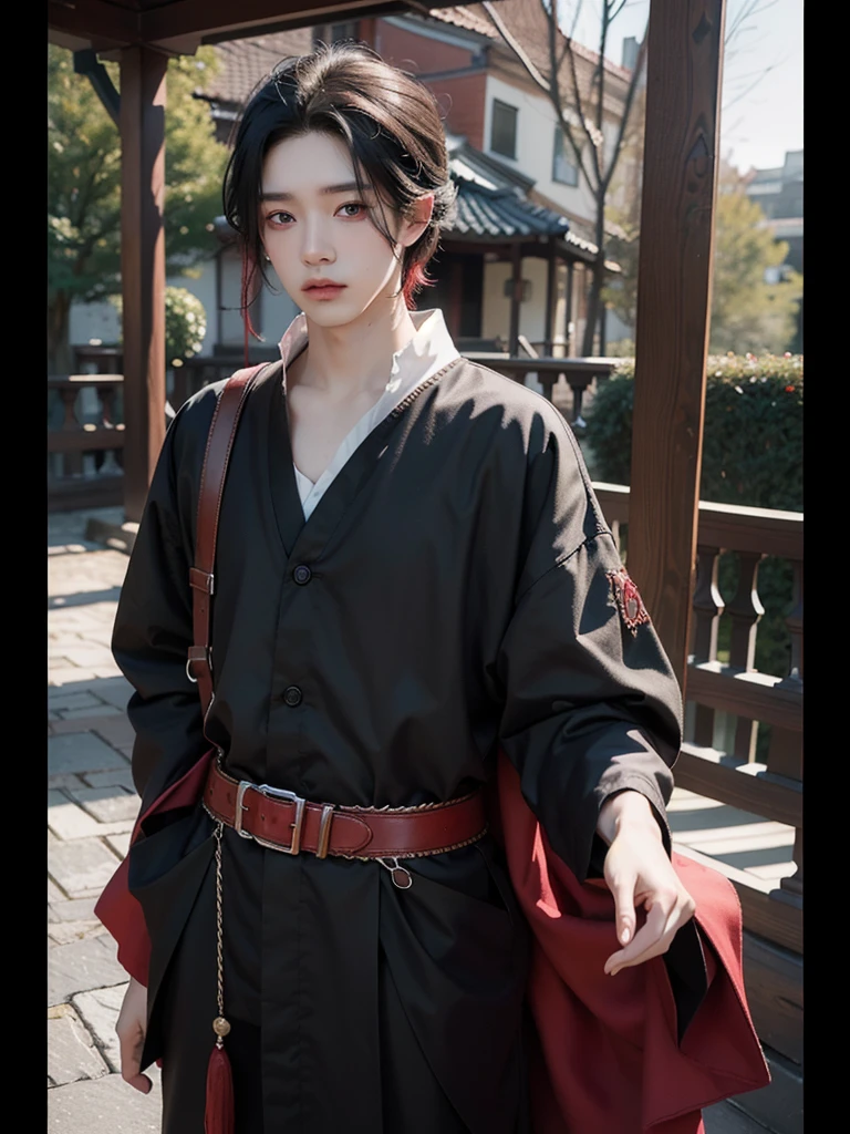 best quality, masterpiece, ultra high res, photorealistic, men,boy, Black hair, red highlights, pale skin, Korean facial features, ulzzang, 23 years old gothic clothing, red eyes.