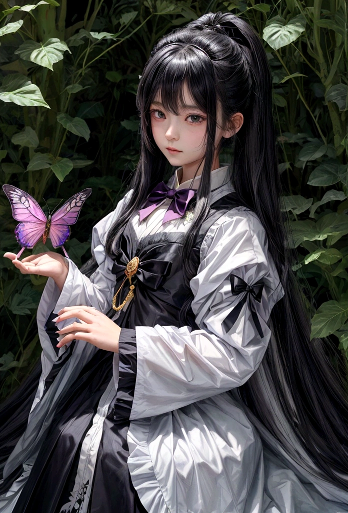 a girl (12-year old), with a butterfly in her hand and a butterfly in her hand, by Jin Homura, inspired by Munakata Shikō, inspired by Jin Homura,  torn androgynous prince, hijikata toushirou, black - haired mage, a maid in a magical forest, anime moe artstyle, madoka kaname