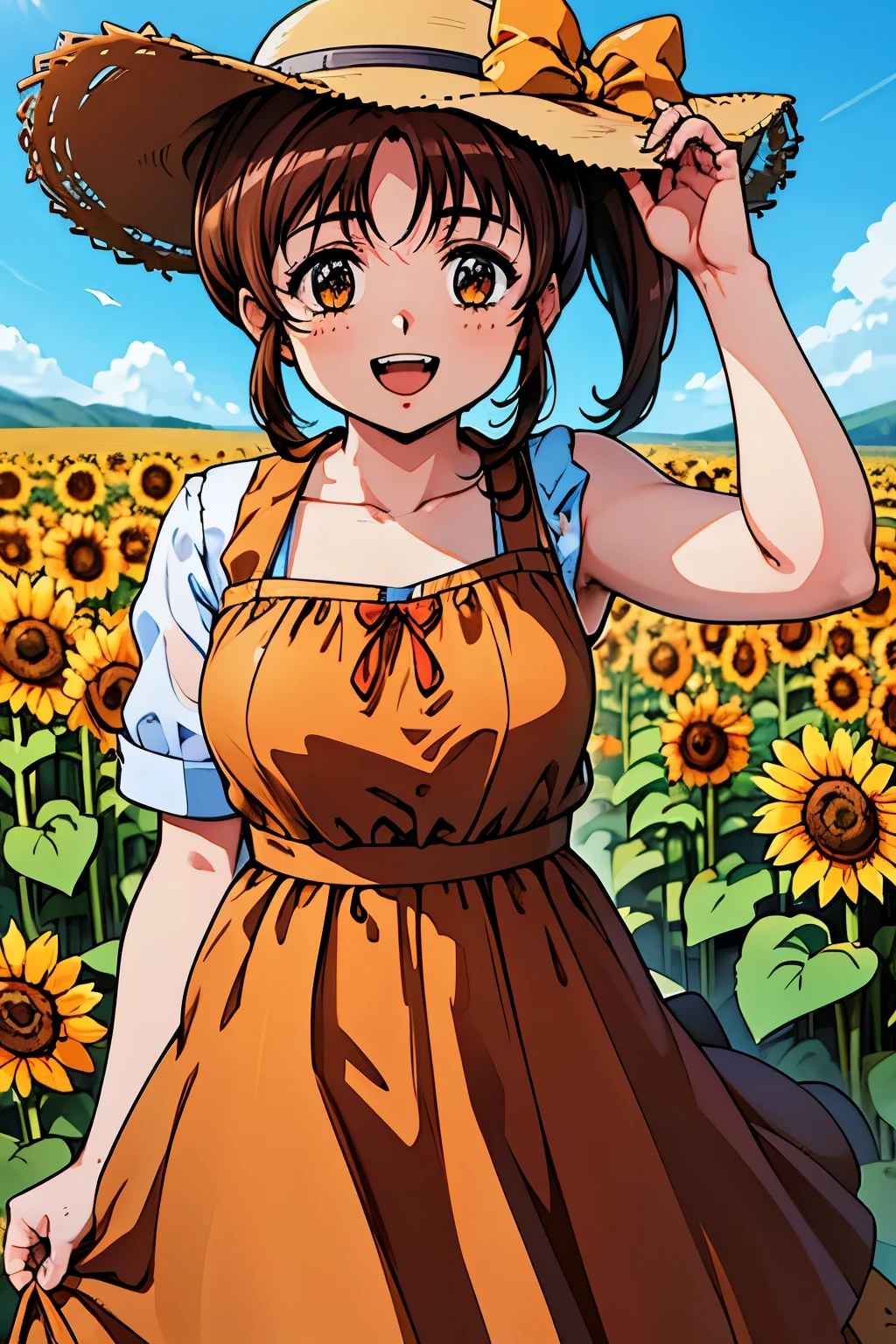 1girl, solo, cowboy shot,portrait、perfect quality, good quality, masterpiece, HDR, uhd,koizumi_rina, brown eyes, brown hair, twintails, hair bow,Sunflower field、Straw hat、(Summer Dress:1.4)、sunny day、happy smile,open mouth