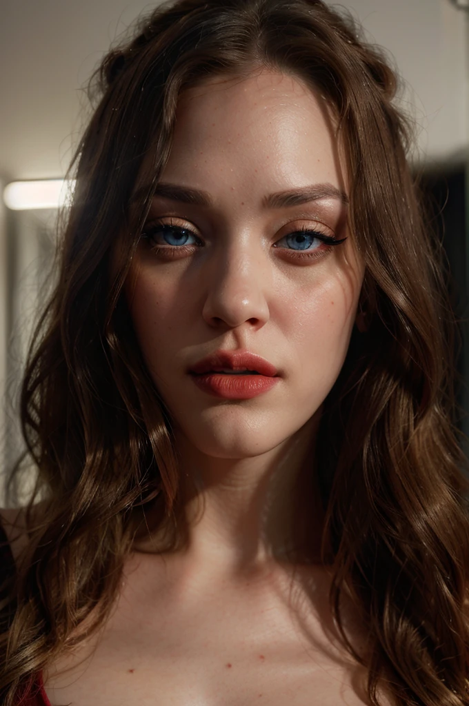 Kat Dennings, beautiful detailed eyes, beautiful detailed lips, extremely detailed face, long eyelashes, blonde hair, blue eyes, red lipstick, cinematic lighting, dramatic shadows, hyper detailed, 8k, photorealistic, masterpiece, cinematic portrait, high contrast, vibrant colors, dramatic lighting