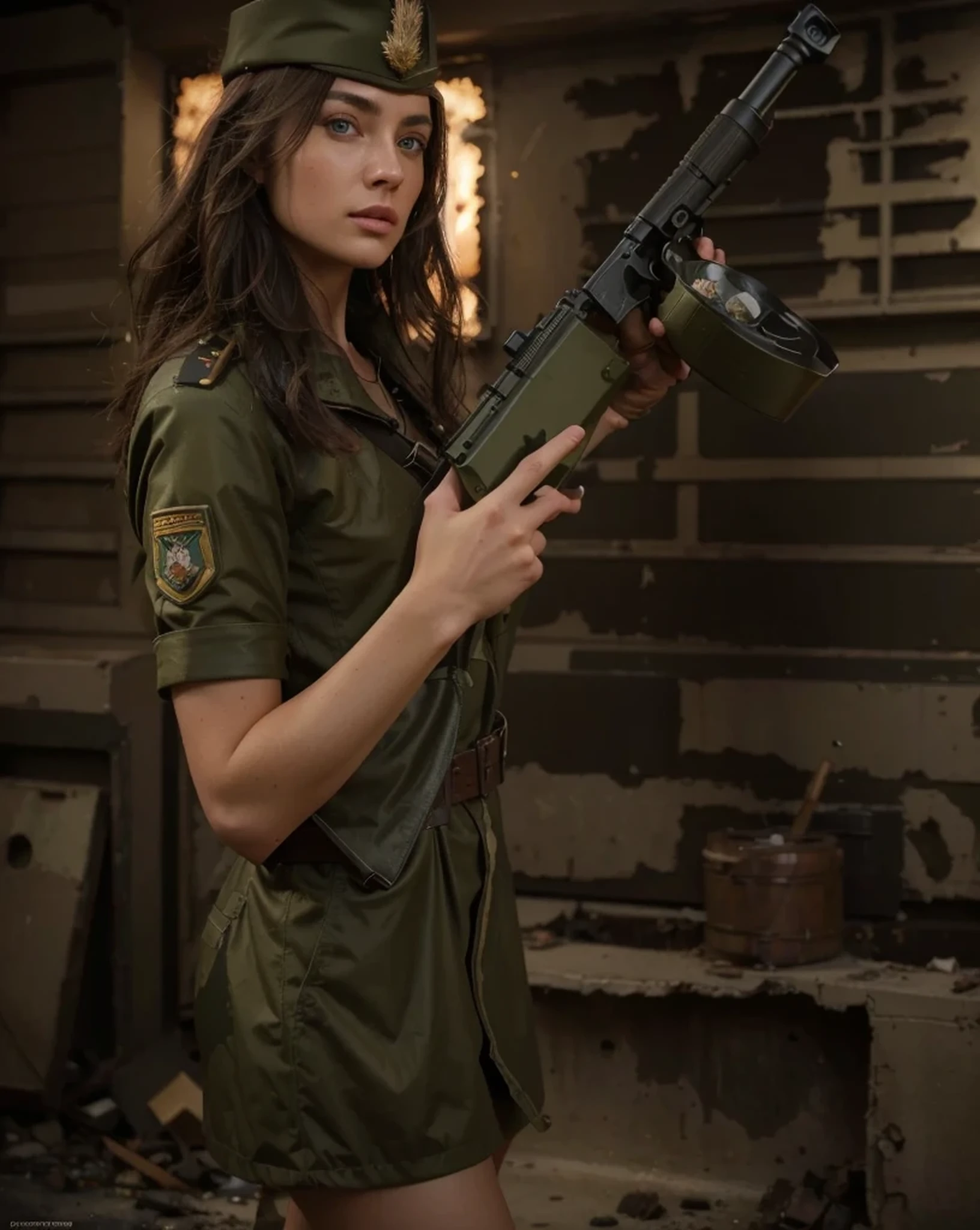 beautiful female soldier, Russian characteristics, dark skin, blue eyes, long brown hair, olive green camouflage military uniform, black military cap, belt with ammunition, hands with leather gloves, highly detailed hands, carries a tommygun, picture background , Modern city totally destroyed, Fire, smoke, debris, dark night, low light, 4k, Ultra detailed image, realistic, Highly detailed, perfect composition, gorgeous, Intricately detailed, incredibly detailed, Art photography 8K, hyper detailed, Masterpiece, Ultra detailed, hyper realistic, 4k, Ultra detailed image, realistic, Highly detailed, perfect composition, beautiful, intricately detailed, incredibly detailed, art photography 8k, hyper detailed, masterpiece