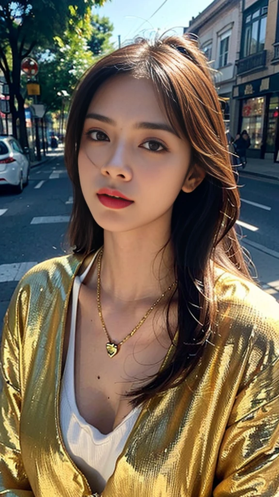 one girl,Beutiful women, zoom in, At the street, wear a sweat,long hair, wear a golden necklace, raise the corners of the mouth,random pose, emotional,portrait