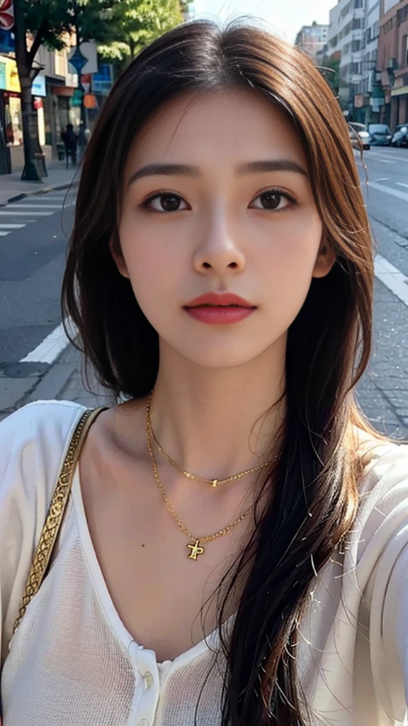 one girl,Beutiful women, zoom in, At the street, wear a sweat,long hair, wear a golden necklace, raise the corners of the mouth,random pose, emotional,portrait