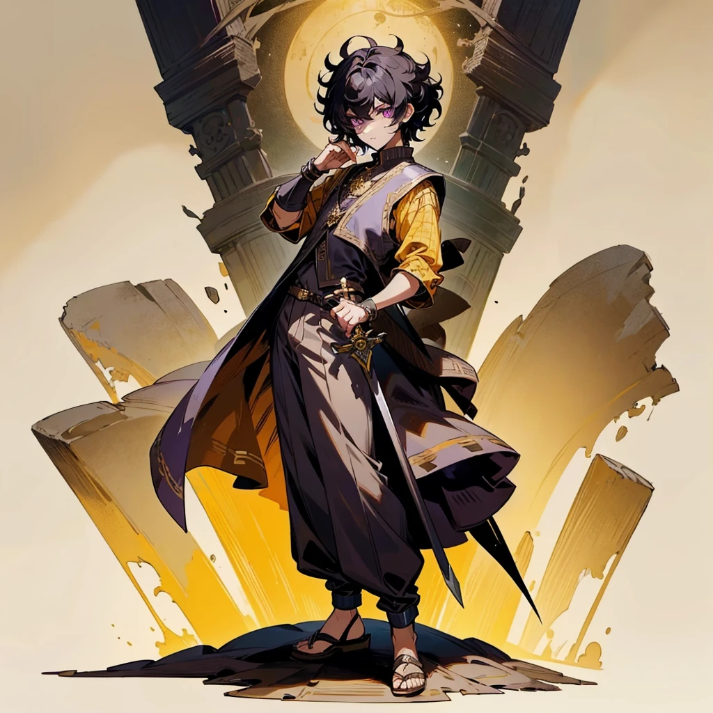 1boy, Full body version, 1character, purple eyes, black skin, short Curly hair, upturned eyes type, black colour hair, Renaissance clothing, yellow color clothing, Renaissance sandals, two dagger knife silver in hand, wood armor vest, Grassroots background in mountains