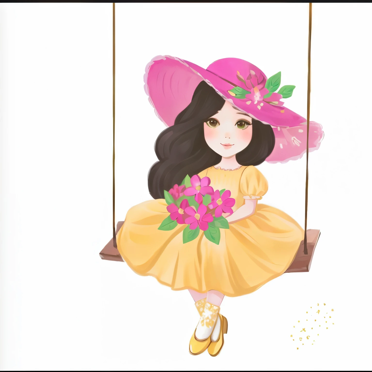 there is a girl in a yellow dress and a pink hat on a swing, illustrated in whimsical style, fluffy woman, Beautiful girl, cute digital art, art admirer, cute illustration de livro de histórias, cute art style, official art admirer, cute illustration, cartoon style illustration, by Maria Anjo, made with illustrator, elegant girl, book illustration , cute art, added detail