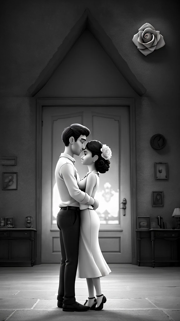 man and woman facing each other hugging, with a passion rose covering the entire scene in the background, with the background of the scene in black and white vintage style, 8k, cartoon