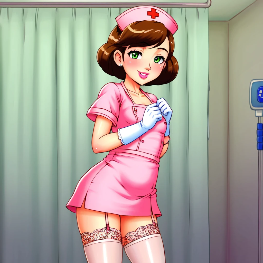 slutty floozy 1girl , solo, whore floozy sleazy lacivious nurse lingerie using pantyhoose, nurse cap, low pink wear, ((low ping legwear, zettai ryouiki)), white gloves,extremely detailed lace lingerie, drooping eyes, pink lips, smile, standing, ((hospital room)), sharp outline, short sleeves, young female, 18 years old, best quality, masterpiece painted by ilya kuvshinov, gaston bussiere, craig mullins, hajime sorayama alphonse mucha, artstation, Despite the provocative elements, the image remains tasteful, focusing on artistic expression and contrasting gothic horror vibes with vibrant paint splatters. The final product is a highly detailed, stylized oil photo, masterfully created with HDR technology and 8k resolution.
