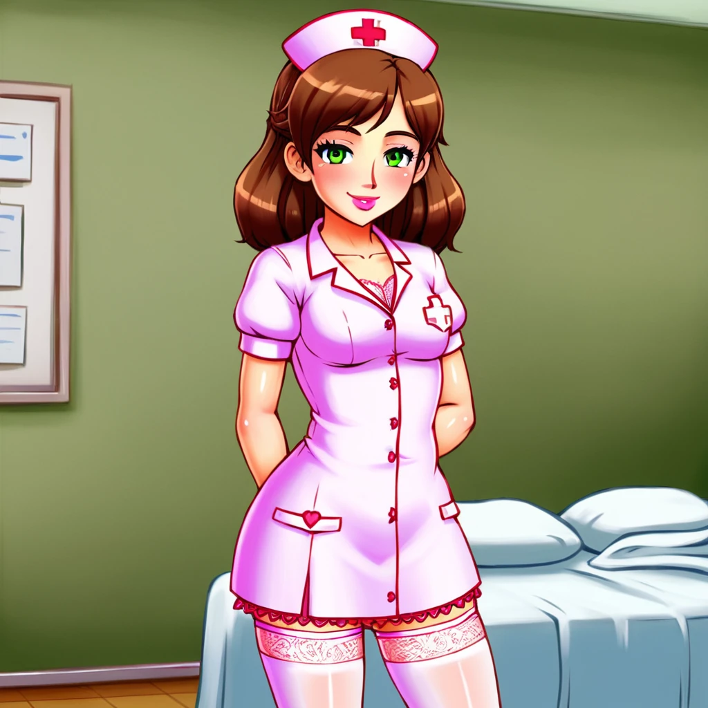 slutty floozy 1girl , solo, whore floozy sleazy lacivious nurse lingerie using pantyhoose, nurse cap, low pink wear, ((low ping legwear, zettai ryouiki)), white gloves,extremely detailed lace lingerie, drooping eyes, pink lips, smile, standing, ((hospital room)), sharp outline, short sleeves, young female, 18 years old, best quality, masterpiece painted by ilya kuvshinov, gaston bussiere, craig mullins, hajime sorayama alphonse mucha, artstation, Despite the provocative elements, the image remains tasteful, focusing on artistic expression and contrasting gothic horror vibes with vibrant paint splatters. The final product is a highly detailed, stylized oil photo, masterfully created with HDR technology and 8k resolution.
