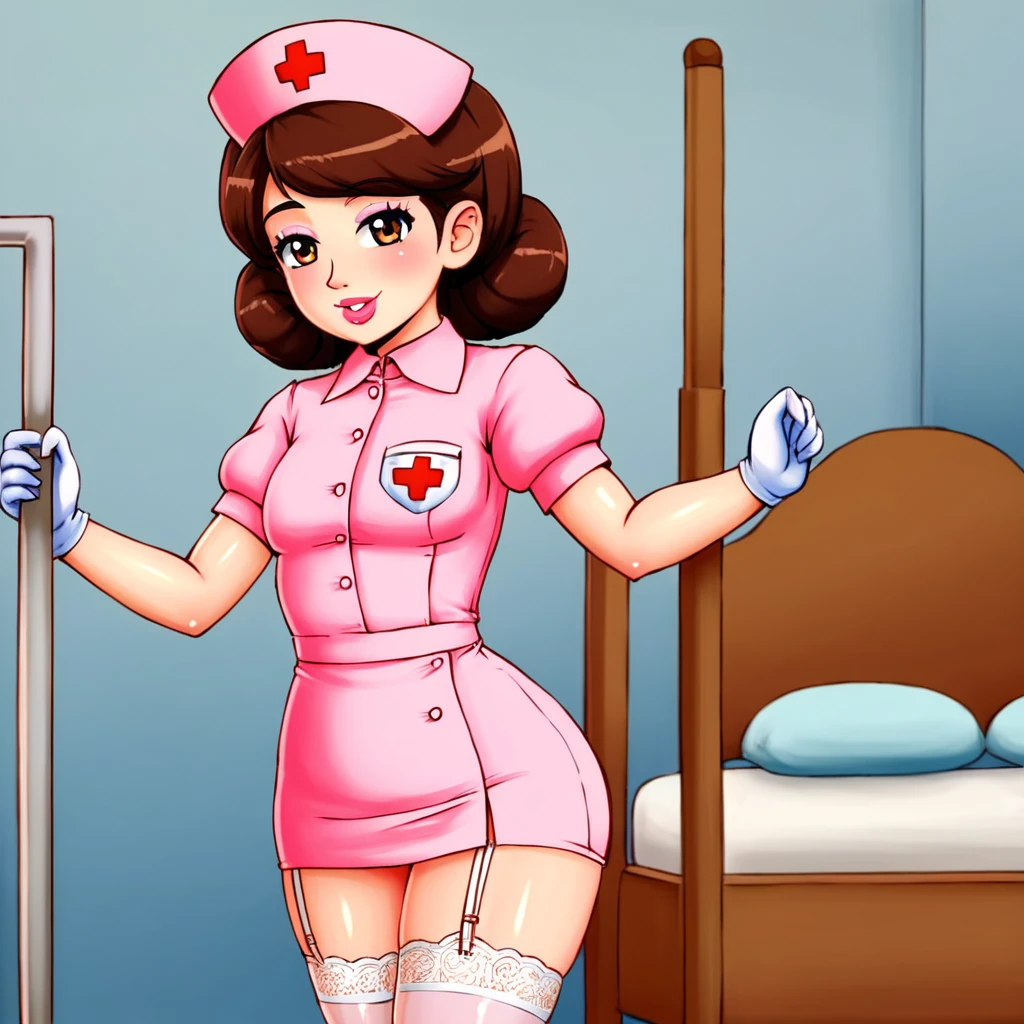 slutty floozy 1girl , solo, whore floozy sleazy lacivious nurse lingerie using pantyhoose, nurse cap, low pink wear, ((low ping legwear, zettai ryouiki)), white gloves,extremely detailed lace lingerie, drooping eyes, pink lips, smile, standing, ((hospital room)), sharp outline, short sleeves, young female, 18 years old, best quality, masterpiece painted by ilya kuvshinov, gaston bussiere, craig mullins, hajime sorayama alphonse mucha, artstation, Despite the provocative elements, the image remains tasteful, focusing on artistic expression and contrasting gothic horror vibes with vibrant paint splatters. The final product is a highly detailed, stylized oil photo, masterfully created with HDR technology and 8k resolution.
