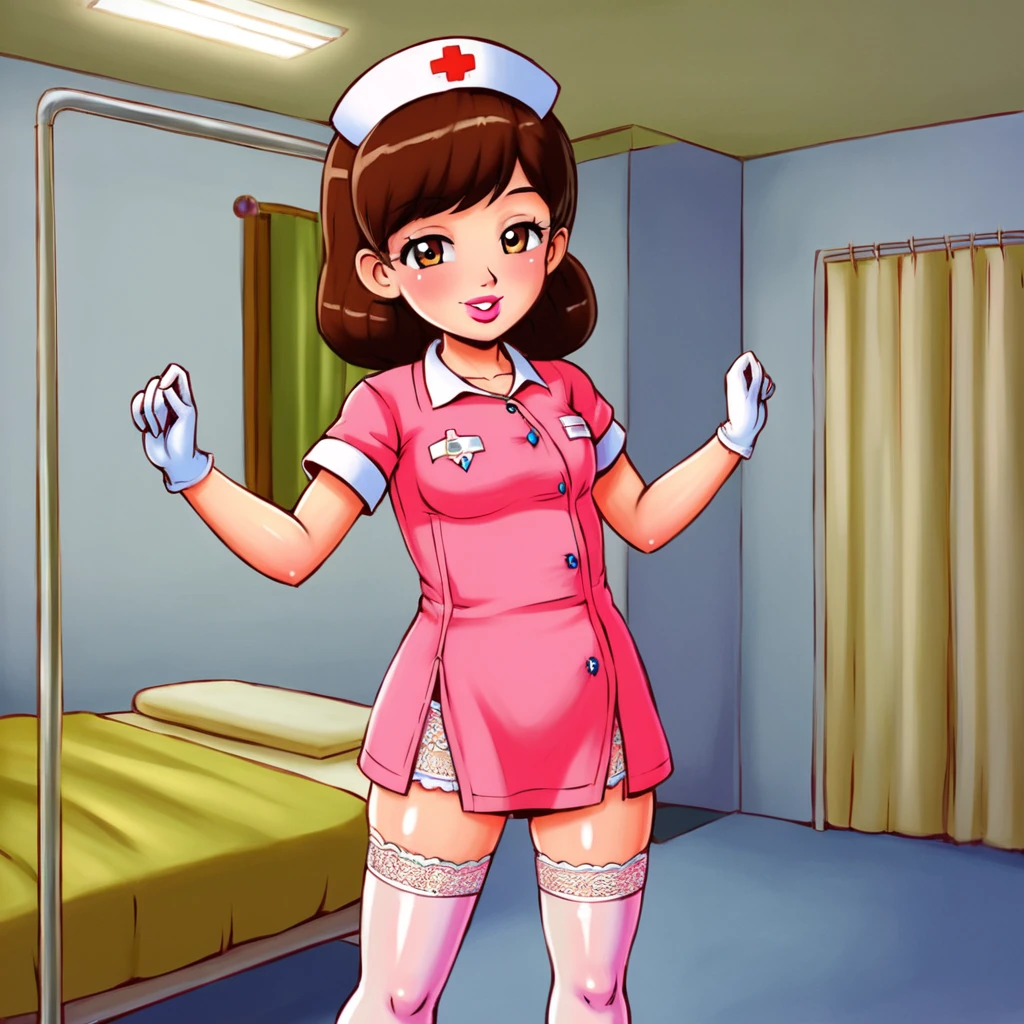 slutty floozy 1girl , solo, whore floozy sleazy lacivious nurse lingerie using pantyhoose, nurse cap, low pink wear, ((low ping legwear, zettai ryouiki)), white gloves,extremely detailed lace lingerie, drooping eyes, pink lips, smile, standing, ((hospital room)), sharp outline, short sleeves, young female, 18 years old, best quality, masterpiece painted by ilya kuvshinov, gaston bussiere, craig mullins, hajime sorayama alphonse mucha, artstation, Despite the provocative elements, the image remains tasteful, focusing on artistic expression and contrasting gothic horror vibes with vibrant paint splatters. The final product is a highly detailed, stylized oil photo, masterfully created with HDR technology and 8k resolution.
