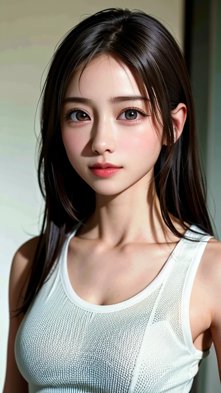 white wet tight tank top, best quality, portrait, 1girl, solo, black eyes, looking at viewer, blush, angle from below, upper body, small breasts, bedroom, shiny skin, ultra high res, cinematic lighting, (lifelike details, ultra-detailed, extremely detailed eyes and face:0.8), (sweaty skin, lens flare:0.6)