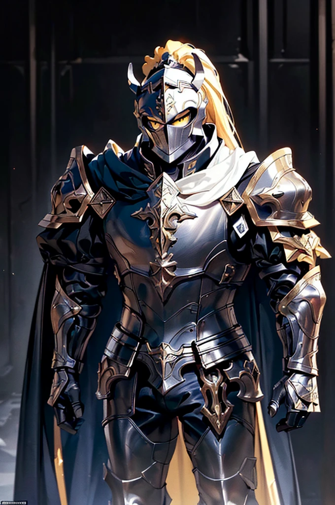 (masterpiece; best quality: 1.2), (finely detailed eyes: 1.3), ((full armored knight man)), ((solo)), (yellow eyes: 1.4), (body; muscular, lean, masculine: 1.3), (beautiful and clear background: 1.2), ((depth of field)), (equipment: full plate black medieval armor + closed helmet with ponytail + long black cape: 1.3), (anime illustration: 1.2), (background composition; fantasy castle corridor + furniture: 1.1), (extremely fine and handsome: 1.1), (shot composition; standing + centered on torso + close-up: 1.5), (expression; calm, stoic: 1.2)