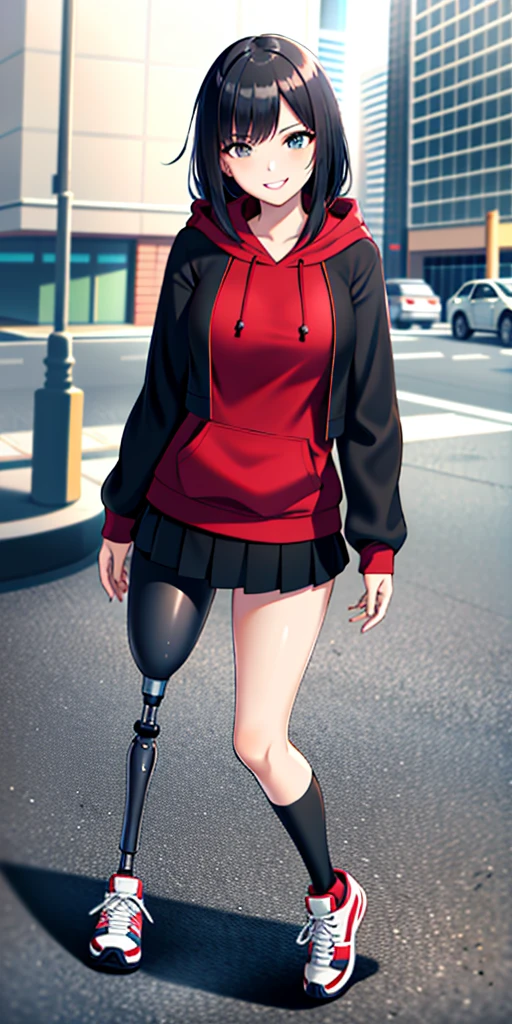 best quality, 1girl, solo, standing, outdoors, medium hair, black hair, straight hair, Lock of red hair, looking at viewer, medium breasts,  (prosthetic leg:1.2), full body, smiling, (skirt:1.2), two prosthetic legs, sneakers, lycra skirt, oversized_hoddie, black oversized_hoddie. 