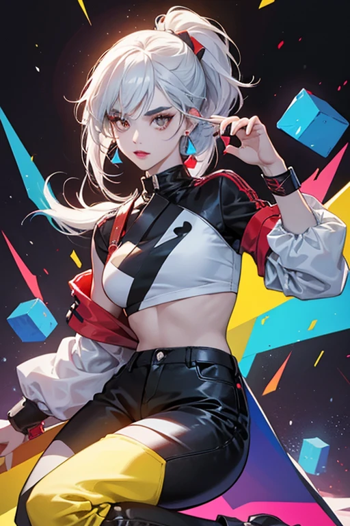 Angles has a medium skin tone and hair dyed in colorblock sections of red, fluorescent yellow, light blue, and white, with thin stripes of black. Her bangs are cut in contrasting square shapes. Details on her face include brown eyes, colorblock red, white, yellow and blue lipstick, similarly colorblocked eyeshadow on her left eye, and black eyebrows. Under a blacklight, as the series advertises, two matching colorblock squares of makeup appear on her right cheek.
She wears a white top with black hems and straps. She also wears a colorblock clear plastic jacket with black hems and cuffs, and matching flared trousers with slits that reach the knee. Under a blacklight, as the series advertises, areas of her clothes become adorned with the words "red", "blue", etc. as is appropriate. Her outfit also consists of colorblock boots with stacked-cube shaped heels.
Her accessories include cube-shaped earrings, and red and yellow bangles. SPARKLE; GLITTER