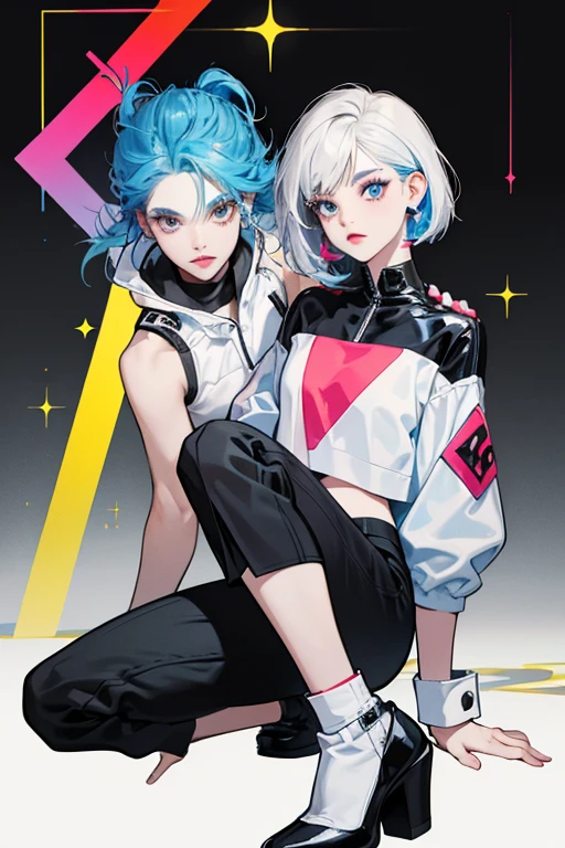 Angles has a medium skin tone and hair dyed in colorblock sections of red, fluorescent yellow, light blue, and white, with thin stripes of black. Her bangs are cut in contrasting square shapes. Details on her face include brown eyes, colorblock red, white, yellow and blue lipstick, similarly colorblocked eyeshadow on her left eye, and black eyebrows. Under a blacklight, as the series advertises, two matching colorblock squares of makeup appear on her right cheek.
She wears a white top with black hems and straps. She also wears a colorblock clear plastic jacket with black hems and cuffs, and matching flared trousers with slits that reach the knee. Under a blacklight, as the series advertises, areas of her clothes become adorned with the words "red", "blue", etc. as is appropriate. Her outfit also consists of colorblock boots with stacked-cube shaped heels.
Her accessories include cube-shaped earrings, and red and yellow bangles. SPARKLE; GLITTER