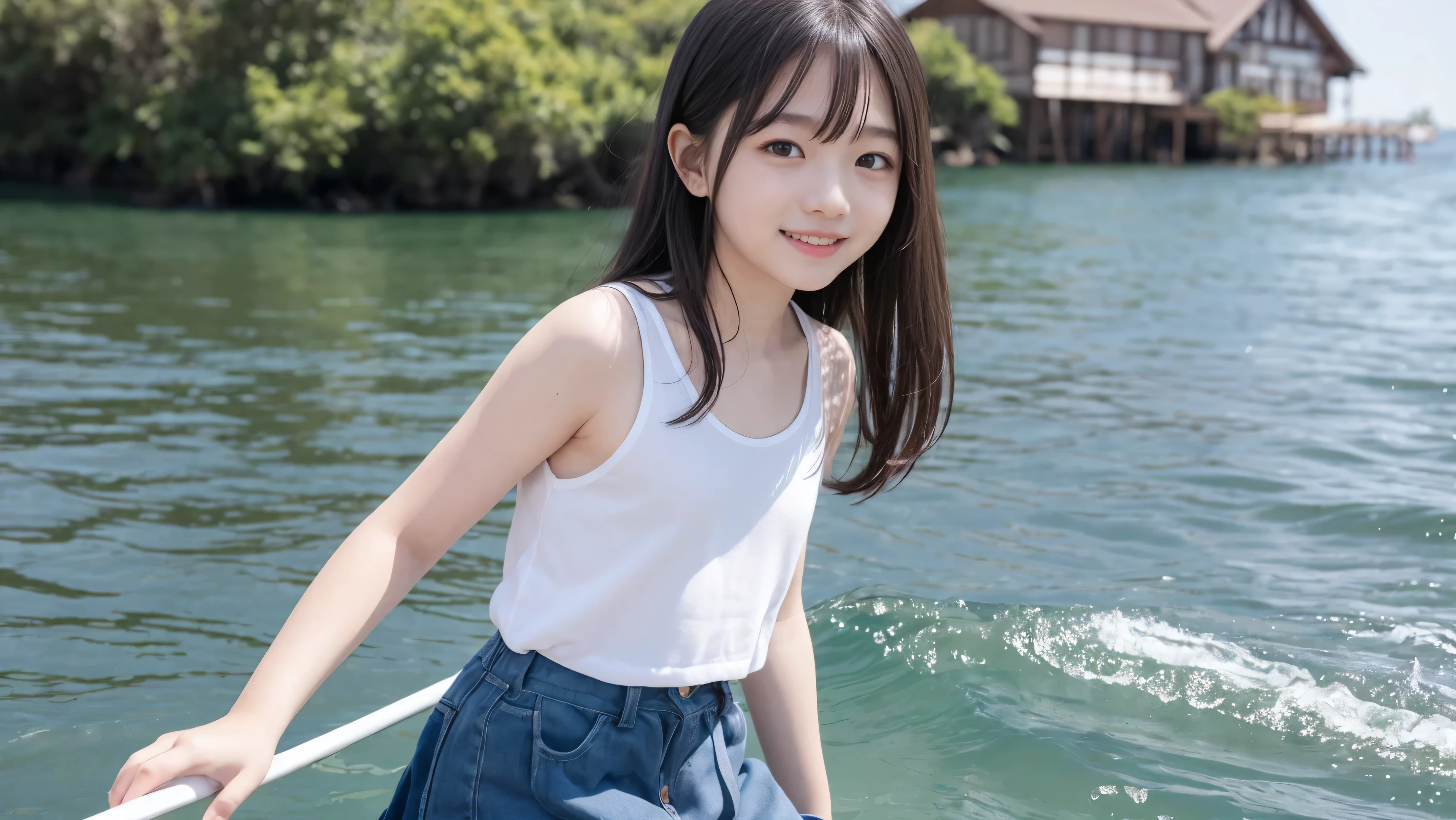 8k,Japanese,,innocent face,teenage girl,cute,summer clothes,everyday wear,sitting,black hair,sandy beach,coastline,hair clip,