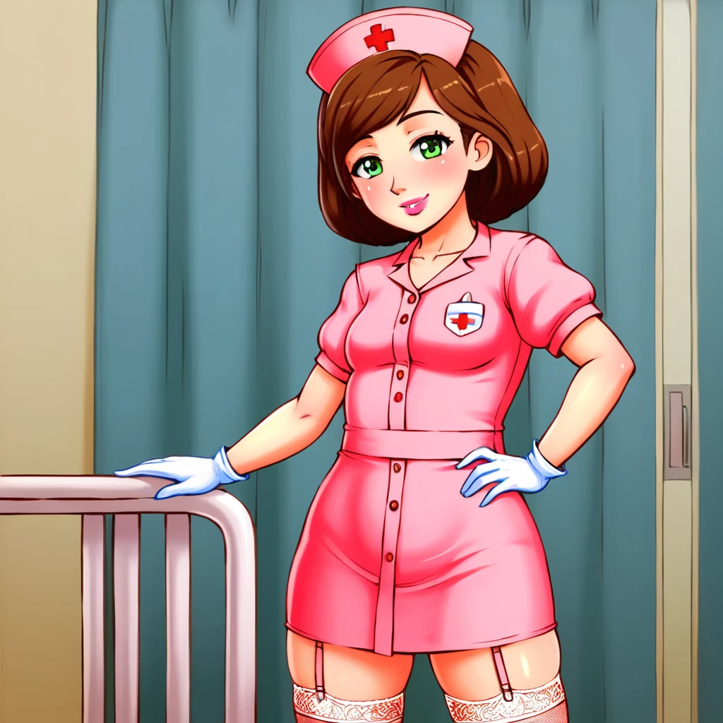 slutty floozy 1girl , solo, whore floozy sleazy lacivious nurse lingerie using pantyhoose, nurse cap, low pink wear, ((low ping legwear, zettai ryouiki)), white gloves,extremely detailed lace lingerie, drooping eyes, pink lips, smile, standing, ((hospital room)), sharp outline, short sleeves, young female, 18 years old, best quality, masterpiece painted by ilya kuvshinov, gaston bussiere, craig mullins, hajime sorayama alphonse mucha, artstation, Despite the provocative elements, the image remains tasteful, focusing on artistic expression and contrasting gothic horror vibes with vibrant paint splatters. The final product is a highly detailed, stylized oil photo, masterfully created with HDR technology and 8k resolution.
