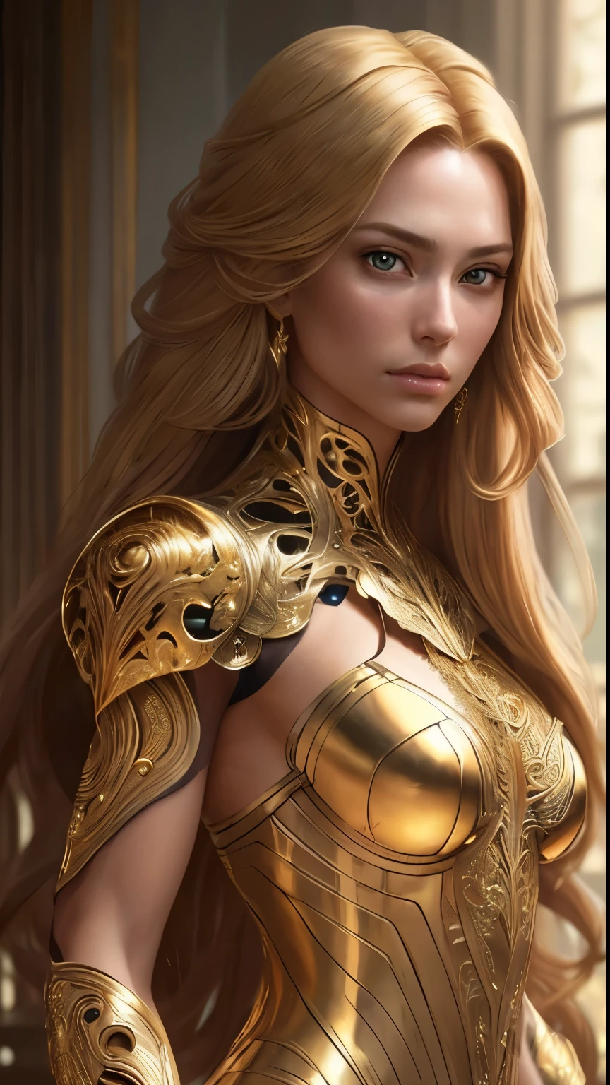8k portrait of a beautiful cyborg with blonde hair, intricate, elegant, highly detailed, majestic, digital photography, art by artgerm and ruan jia and greg rutkowski, surreal filigree golden butterfly painting, broken glass (masterpiece, side lighting, beautiful eyes finely detailed: 1.2 ), hdr,