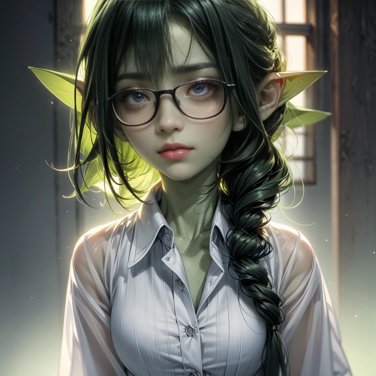 ((best quality)), ((masterpiece)), (detailed), perfect face, beauty headshot of a 3 foot tall girl wearing white button down shirt, ((green skin)), pointy ears, wearing black rimmed glasses, short dark green hair, dynamic lighting, purple eyes, detailed eyes, focus on eyes, beautiful, glamourous, (3/4 profile shot), ((looking at viewer)), posing, soft lighting, romantic, looking at camera