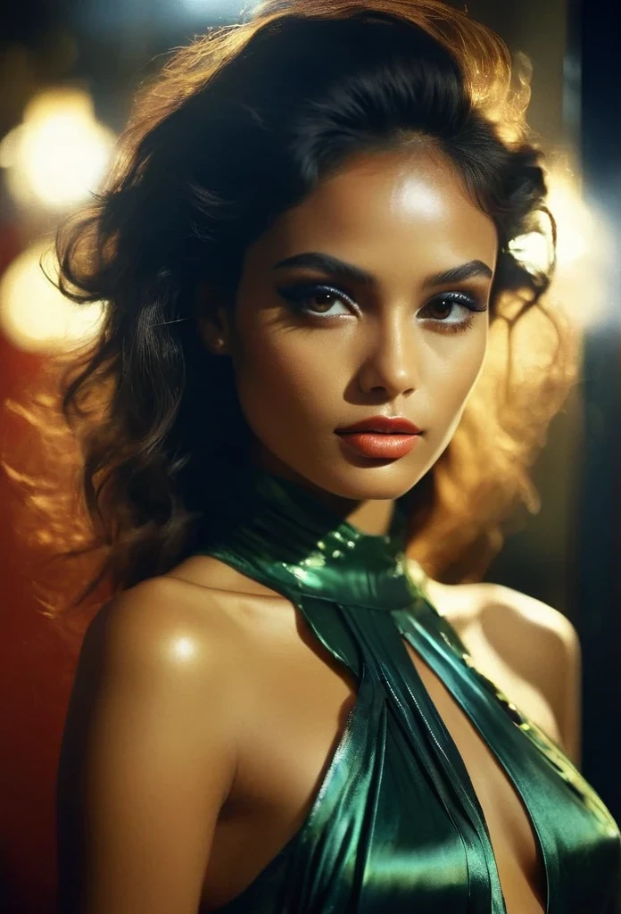 RAW photograph, a beautiful Indonesian woman, perfect seductive face, otherworldy beauty, shiny satin haute couture outfit, creative makeup, masterpiece, 8k, dslr, amazing natural lighting, rich emotive colors, deep darks, high contrast, kodachrome, analog film, 35mm photograph, subsurface scattering, prismatic colored light