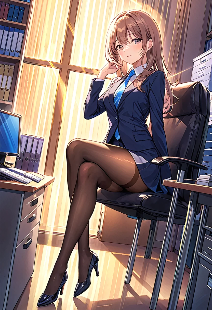 Crossed legs,Office,Pantyhose, rays of light, elegance face