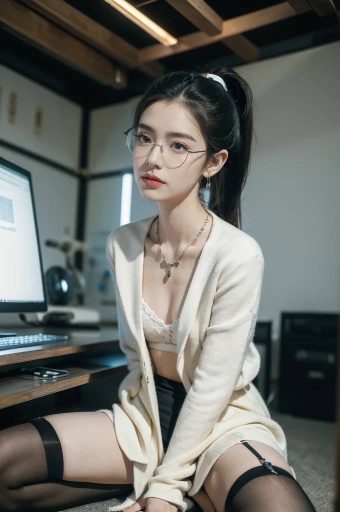 (((best quality))),(((ultra detailed))),(((masterpiece))),illustration,((1 beautiful girl,solo)),((slim,thin)),((small breasts,flat chest)),futuristic laboratory, ((stylish glasses,detailed eyes)), intelligence, white lab coat,(short ponytail:1.2), flawless skin,(laughing:1.2),(earrings,crystal necklace),(stockings:1.3), cyberpunk vibe, high-tech equipment, darkened lighting, high-altitude lamps, beakers, flasks, test tubes, computer screens, consoles, terminals, scientific wonderland, desolate surroundings, time warp, motionless, deep in concentration, profound scientific mystery, secrets of the universe, beauty, poignancy, essence of science, mystery, alluring appeal, captivating, enchanting