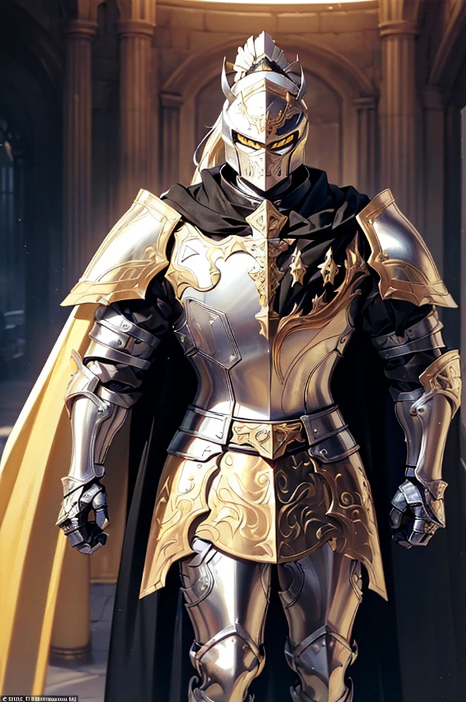 (masterpiece; best quality: 1.2), (finely detailed eyes: 1.3), ((full armored knight man)), ((solo)), (yellow eyes: 1.4), (body; muscular, lean, masculine: 1.3), (beautiful and clear background: 1.2), ((depth of field)), (equipment: full plate black medieval armor + closed helmet with ponytail + long black cape: 1.3), (anime illustration: 1.2), (background composition; fantasy castle corridor + furniture: 1.1), (extremely fine and handsome: 1.1), (shot composition; standing + centered on torso + close-up: 1.5), (expression; calm, stoic: 1.2)