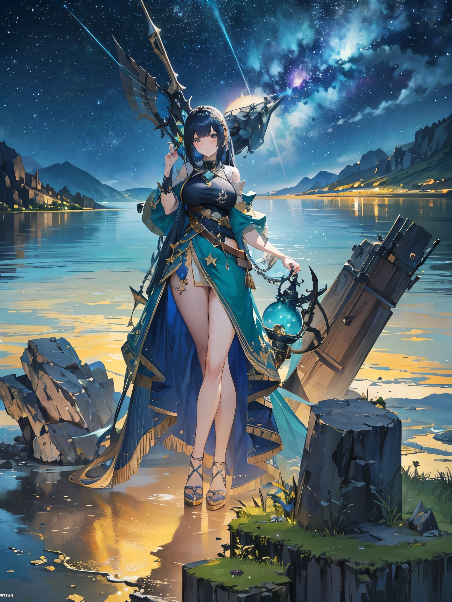 a colossal bottle that contained a majestic lake , very high quality and very detailed scene , octane rendering, Starry sky , dreams , Giant green moon , Heaven's Vault , Inspiration, Imagination